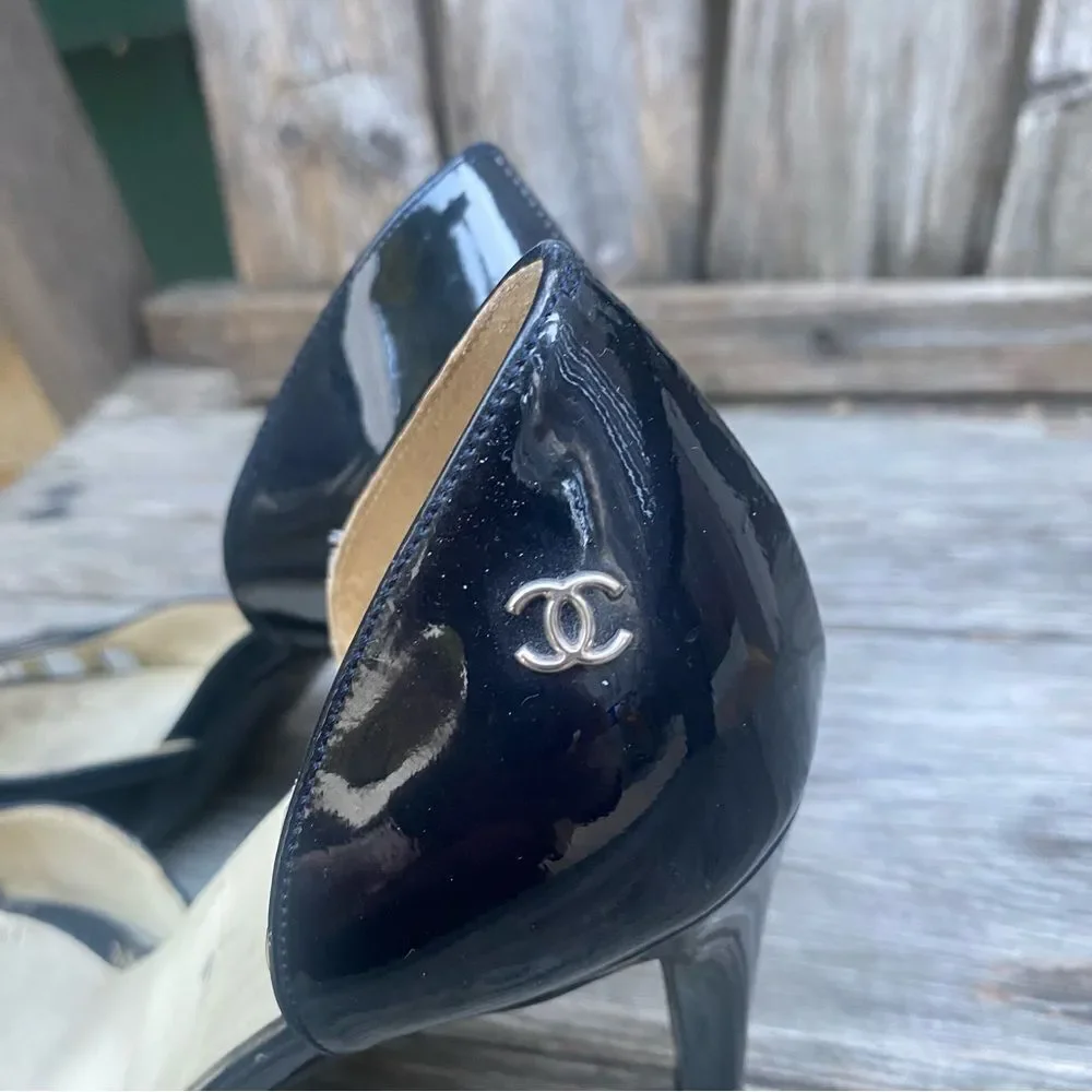 Chanel Chaus Ouvertes Noir Black Patent Heels Size 36 in navy